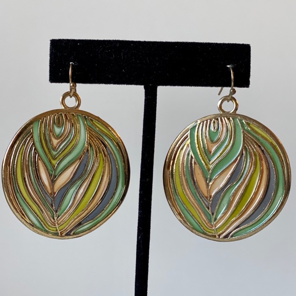 Multi-color Boho Feather Print Statement Earrings - Picture 1 of 6